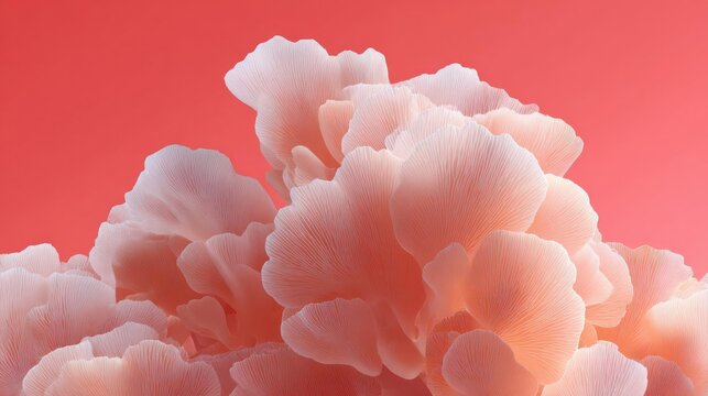 Close-up of a group of pink mushrooms. the mushrooms are arranged in a cluster, with the largest mushroom in the center and the smaller ones on either side.