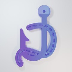 Purple-blue Fishing hook and worm icon isolated on grey background. Fishing tackle. Minimalism...