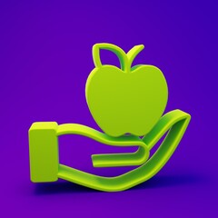 Green Apple icon isolated on purple-blue background. Excess weight. Healthy diet menu. Fitness diet apple. Minimalism concept. 3D render illustration