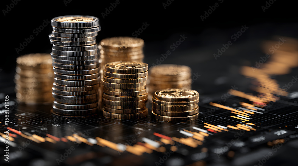 Poster stacked coins with digital financial graphs and data visualization