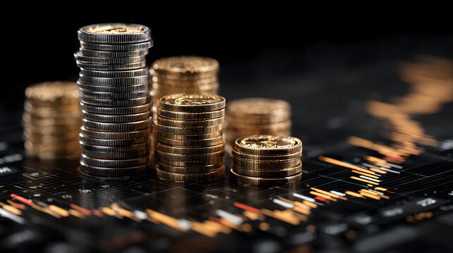 Stacked coins with digital financial graphs and data visualization - Powered by Adobe
