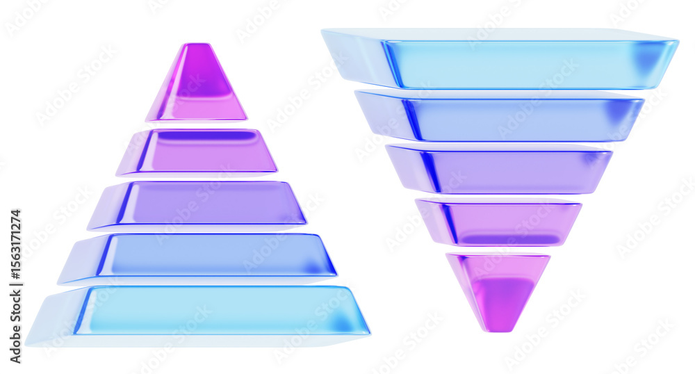 Aufkleber 3d color glass pyramid and inverted render icon set. crystal gradient triangle of five levels for bu