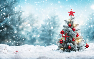 Celebrate the winter season and New Year with festive Christmas tree decorations, sparkling ornaments, and falling snow