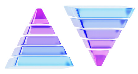 3d color glass pyramid and inverted render icon set. Crystal gradient triangle of five levels for business infographic. Network marketing and financial, inverse hierarchy principle. 3D illustration