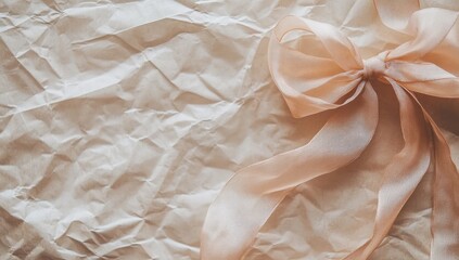 Delicate blush ribbon bow on crinkled cream paper