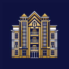 Luxury apartment building illustration with gold and navy color, modern architecture, symmetrical lines, elegant urban city real estate vector