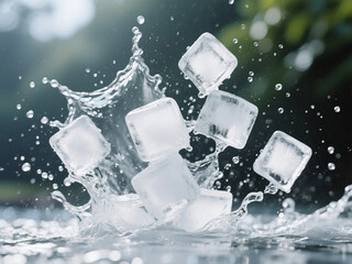 High-quality freeze-frame capture of ice cubes splashing in water, with droplets suspended mid-air against a softly blurred dark background with hints of green bokeh. Ideal for illustrating freshness