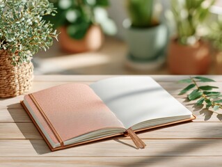Open Notebook on Wooden Table with Potted Plants, Sunlight, Cozy and Relaxing Atmosphere