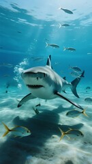 Fototapeta premium A great white shark swims gracefully underwater, surrounded by smaller fish in a sunlit ocean environment.