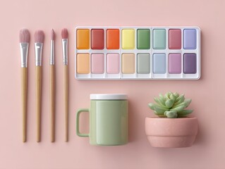 Pastel Watercolor Painting Supplies and Succulent Plant Flatlay