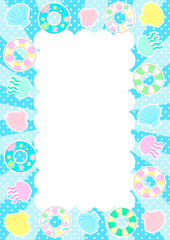 ブルーのサンバーストにドットの背景に浮き輪と貝殻とクラゲをあしらった夏のイメージの背景イラスト素材