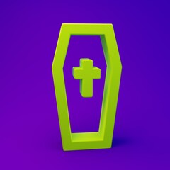 Obraz premium Green Coffin with christian cross icon isolated on purple-blue background. Happy Halloween party. Minimalism concept. 3D render illustration