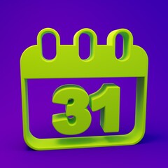 Green Calendar with Halloween date 31 october icon isolated on purple-blue background. Happy Halloween party. Minimalism concept. 3D render illustration