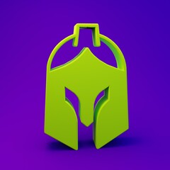 Green Roman army helmet icon isolated on purple-blue background. Minimalism concept. 3D render illustration