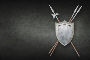 metal shield with two lances and halberd on grunge background