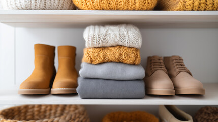 Minimalist closet organization with neutral colored knitwear and brown leather footwear