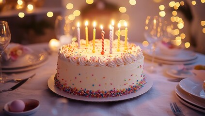 Birthday cake with candles on a festive table