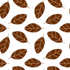 Autumn leaf pattern with brown leaves on white background. Ideal for fall-themed designs, fabric, wrapping paper, and seasonal decorations.