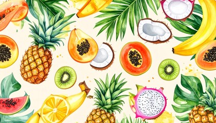 Watercolor flat lay of tropical fruits: pineapple, papaya, coconut, banana, dragonfruit, and kiwi, bright summer palette