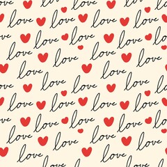 Romantic love pattern with handwritten text and red hearts on cream background. Perfect for Valentine’s Day, cards, wrapping, and romantic designs.