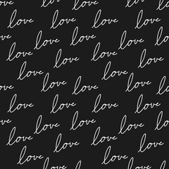 Romantic love pattern with handwritten text on black background. Perfect for Valentine’s Day, cards, wrapping, and romantic designs.