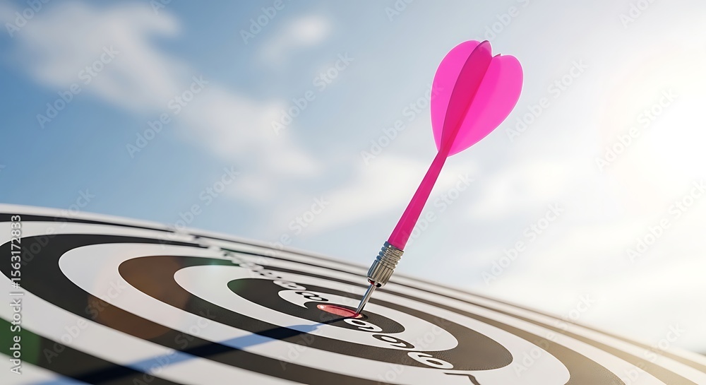 Poster vibrant pink dart piercing the center of a stark black and white target under a bright azure sky a s