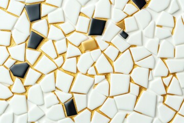 Broken Tiles Mosaic: A close-up view of an elegant mosaic created from fragmented tiles in a pattern of monochrome and golden hues, adding an artistic touch.