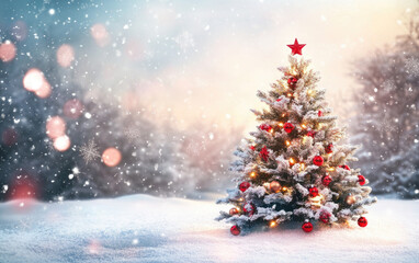 A festive Christmas tree stands adorned with decorations in a snowy winter wonderland, perfect for holiday celebrations and New Year's greetings