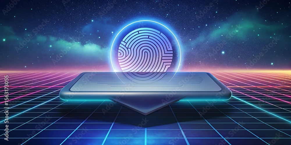Poster a glowing fingerprint is scanned on a futuristic credit card in a retro synthwave setting with neon 