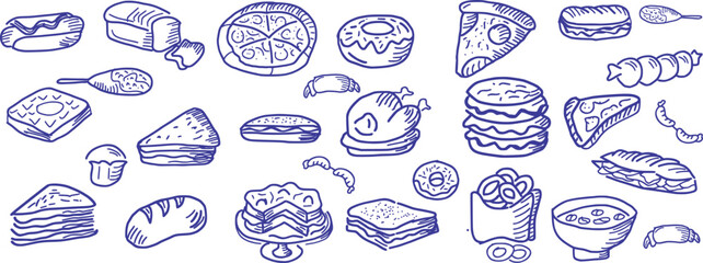Hand-drawn food doodle collection featuring pizza, burgers, sandwiches, bread, donuts, snacks, and fast food icons. Perfect vector illustration for restaurant menus, packaging, kitchen decor, branding
