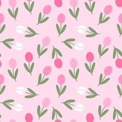 Seamless pattern of hand-drawn tulips flowers on shade of pink.
