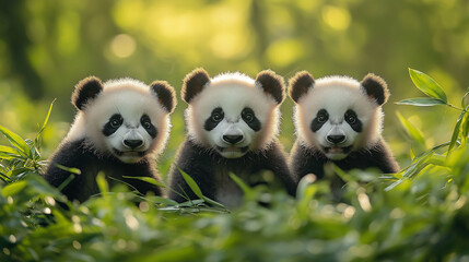 Obraz premium Adorable panda cubs playing in a bamboo forest with natural greenery background animal banner copy space nature background