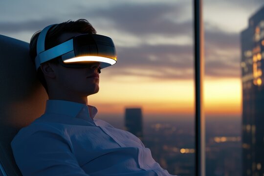A man relaxes in a VR headset, enjoying a virtual experience against a stunning sunset cityscape.