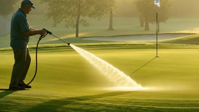 Man water spraying golf course green early in morning