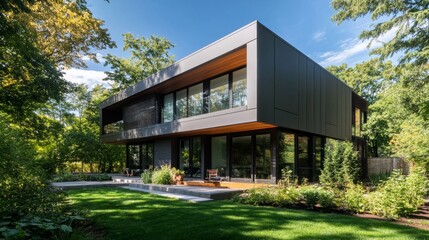 Architecturally sleek home exterior featuring heat pump, sustainable materials, and modern design elements surrounded by green vegetation