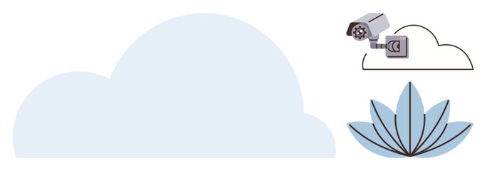 Security camera monitoring a cloud with a lotus graphic below, mixing technology and nature. Ideal for data privacy, online safety, cloud services, technological harmony, eco-tech, balance