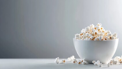 A white bowl brimming with popcorn sits on a light gray surface against a muted gray background