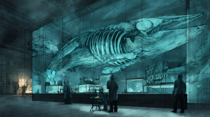 interactive museum visual | reconstructed myth | timeless vigilance | dusty emerald with stone white | cross-section narrative | bone-forged instruments | subsurface tonal modulation | painterly