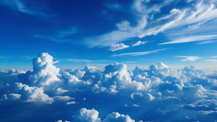 an expansive view of a blue sky filled with white clouds, viewed from an aircraft window