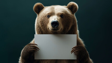 bear holding blank card or poster , closeup view of animal pet face portrait and empty blank