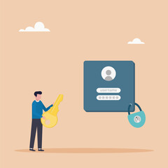 Strong password for cybersecurity, high account protection. Data confidentiality, locking key. Vector illustration.	