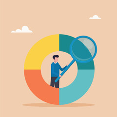 Character with magnifying glass analyzing pie chart data. Data analysis concept, financial research analytics, charts and graphs, database reports.	