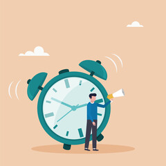 Deadline concept planner with flat vector illustration.Time management at work, character holding megaphone standing next to big clock as deadline symbol.	