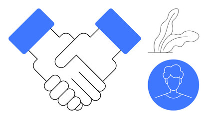 Handshake as partnership gesture accompanied by avatar of a person and decorative plant. Ideal for teamwork, networking, trust, collaboration, agreement, connection, unity. Simple flat metaphor