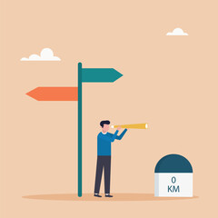 Starting a new business, vision or career path. Roadmap of business milestones. A self-confident character standing with a far-sighted look into the future at the initial milestones of the road.	
