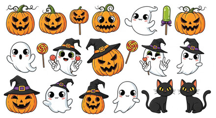 Cute Halloween Illustration Set &ndash; Funny Vector Icons and Sticker Collection for Kids and Festive Design

