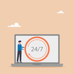 24-7 support service, work schedule. The character holds a clock on the laptop screen. Open time. Flat vector illustration.	
