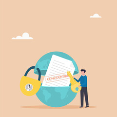 The character opened the globe with a key to see confidential information. Flat vector illustration.	