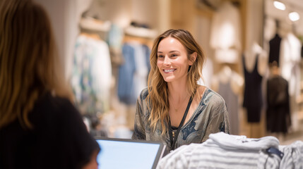 Happy young woman shopping for trendy autumn fashion in modern clothing boutique