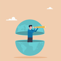World economic vision of business, work or investment. Character using binoculars in search of a future vision. Flat vector illustration.	